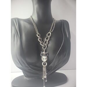 Vintage VCLM Necklace Silver Tone Chain Owl Articulated Bird Crystal Tassel